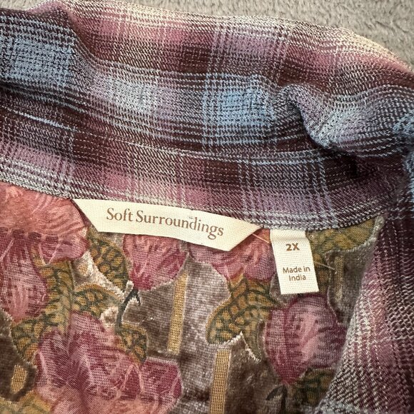 Soft Surroundings Rosebay Embroidered Velvet Floral Plaid Shirt 2X 2XL Blouse - Picture 4 of 8
